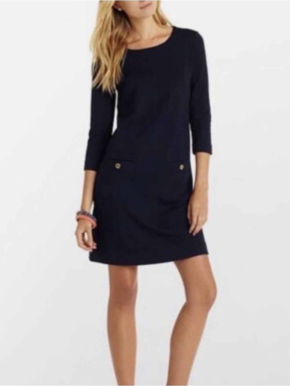 Lilly Pulitzer Charlene Preppy Classic Navy Shift Dress with Gold Pocket Buttons